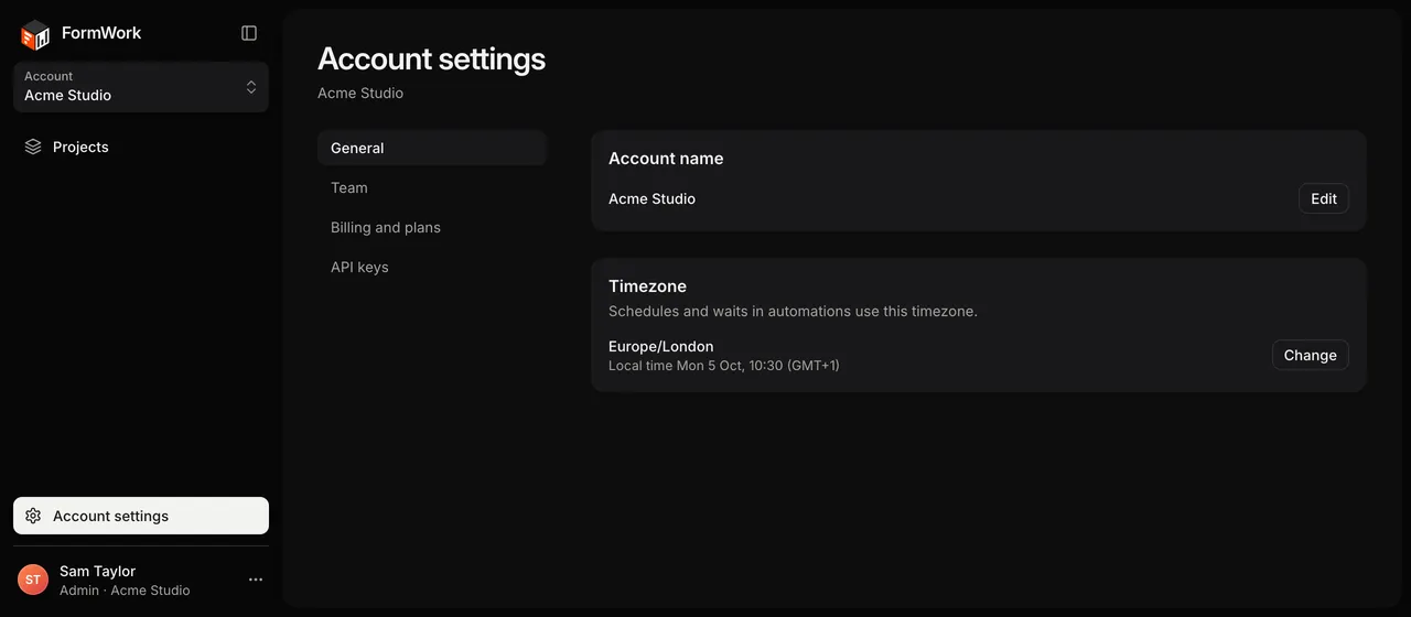 Account settings on General, with Account name and Timezone