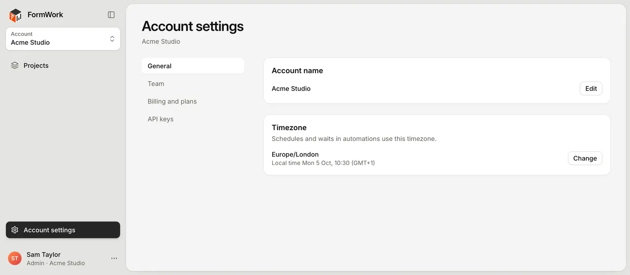 Account settings on General, with Account name and Timezone