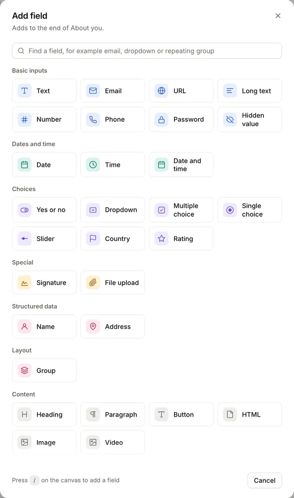 The Add field dialog, with field types grouped under Basic inputs, Dates and time, Choices, Special, Structured data, Layout and Content