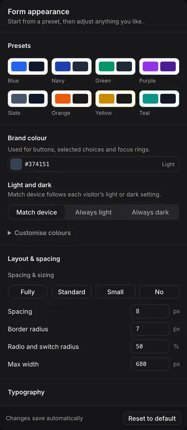 The Form appearance controls: presets, brand colour, light and dark, layout and spacing, and typography