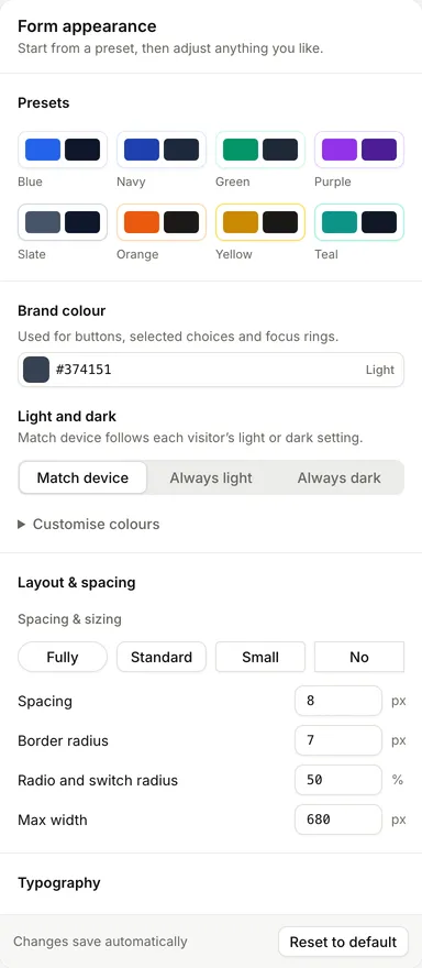 The Form appearance controls: presets, brand colour, light and dark, layout and spacing, and typography