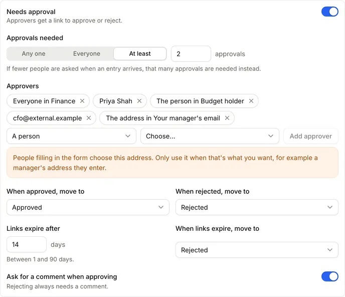 Approval settings on a waiting stage: Needs approval, Approvals needed, Approvers, where entries move, link expiry and Ask for a comment when approving