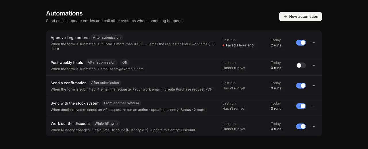 The automations list, with each automation's description, run mode badge, last run, today's runs and on and off switch