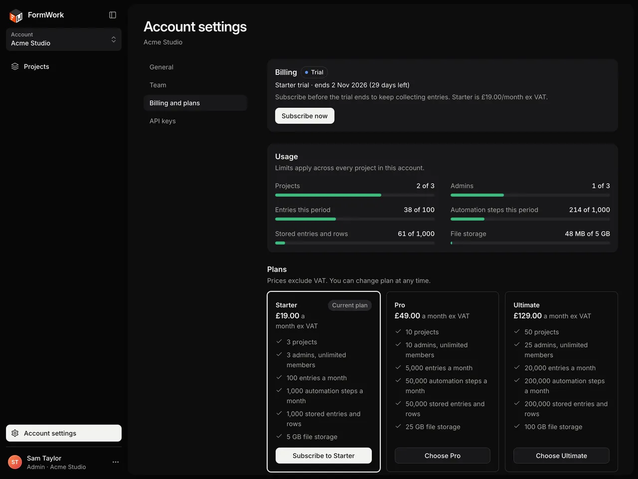 Billing and plans in Account settings during a Starter trial, with Subscribe now, the Usage meters and the Starter, Pro and Ultimate plan cards