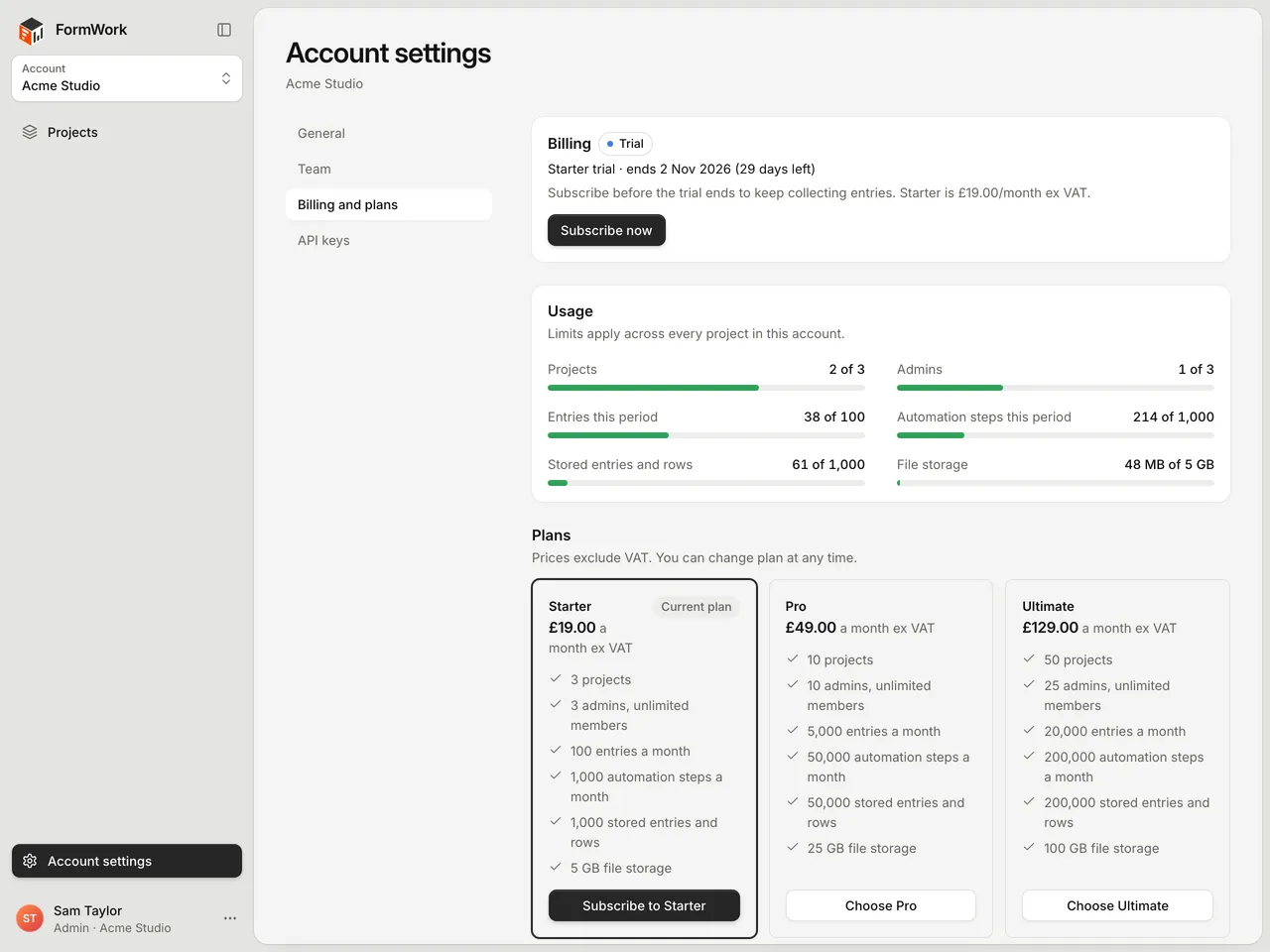 Billing and plans in Account settings during a Starter trial, with Subscribe now, the Usage meters and the Starter, Pro and Ultimate plan cards