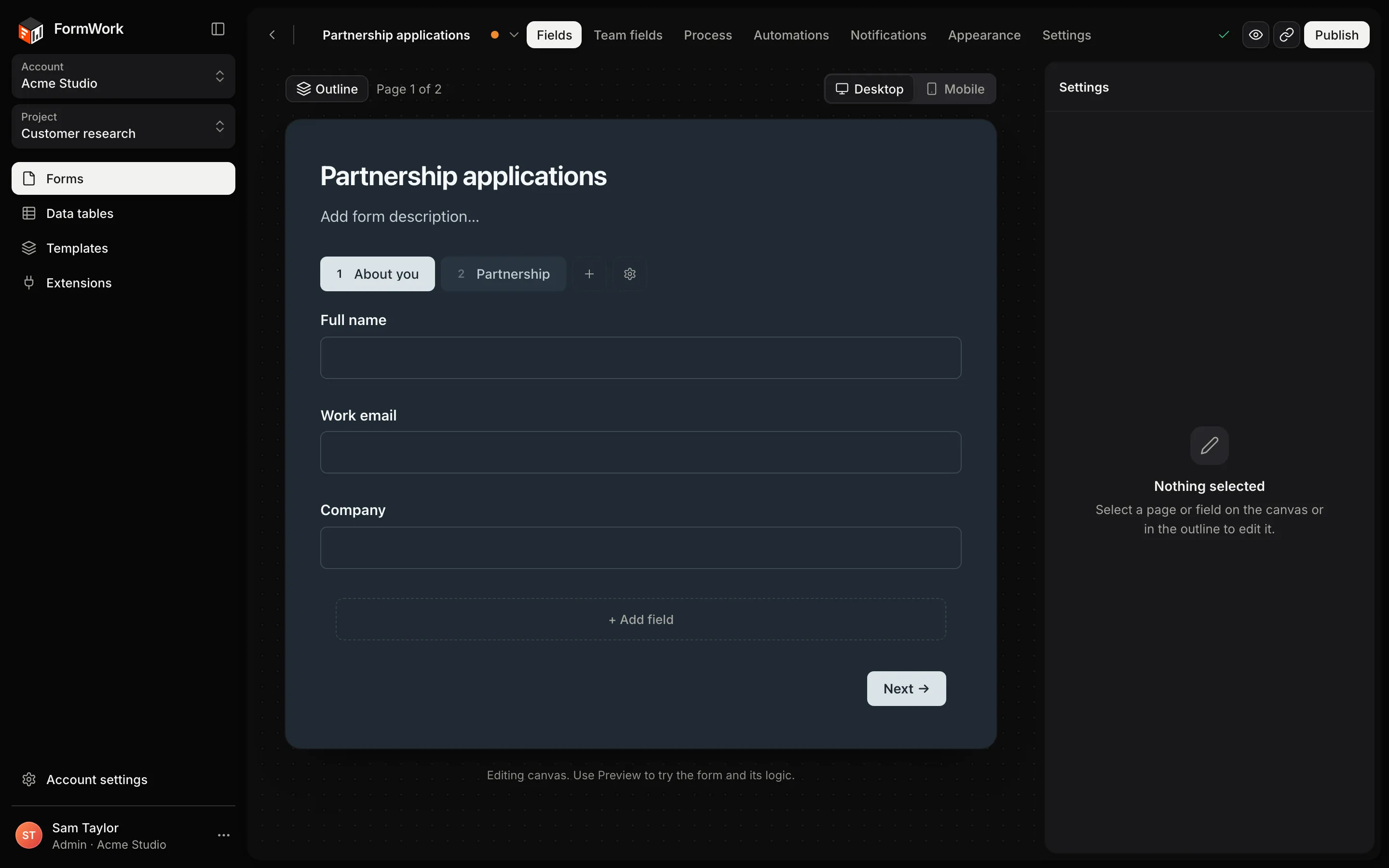 The form builder with the Fields tab open, showing a two-page form on the canvas.