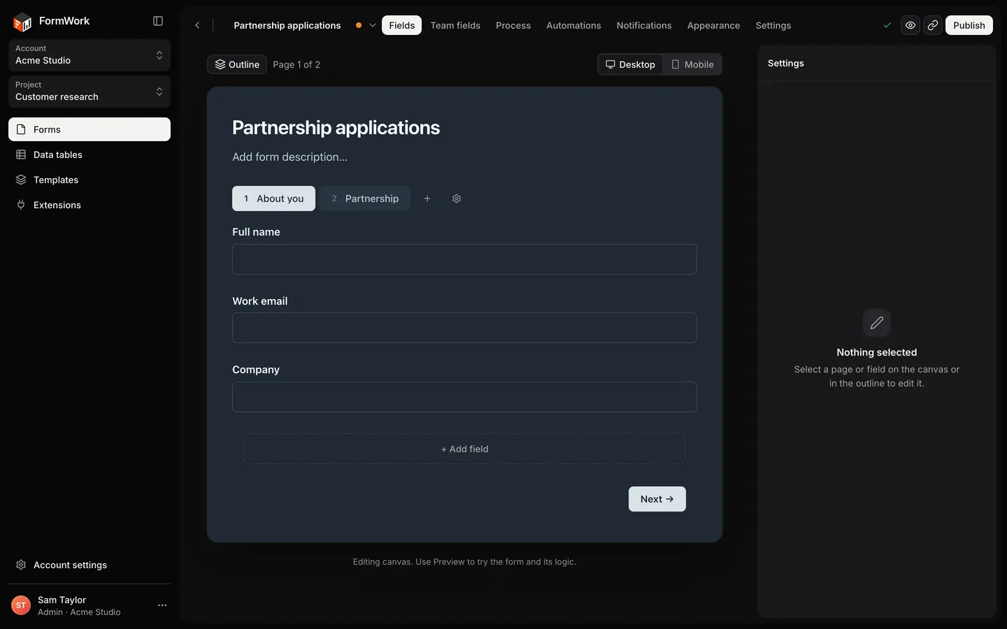 The builder on the Fields tab, with Team fields, Process, Automations, Notifications, Appearance and Settings along the top