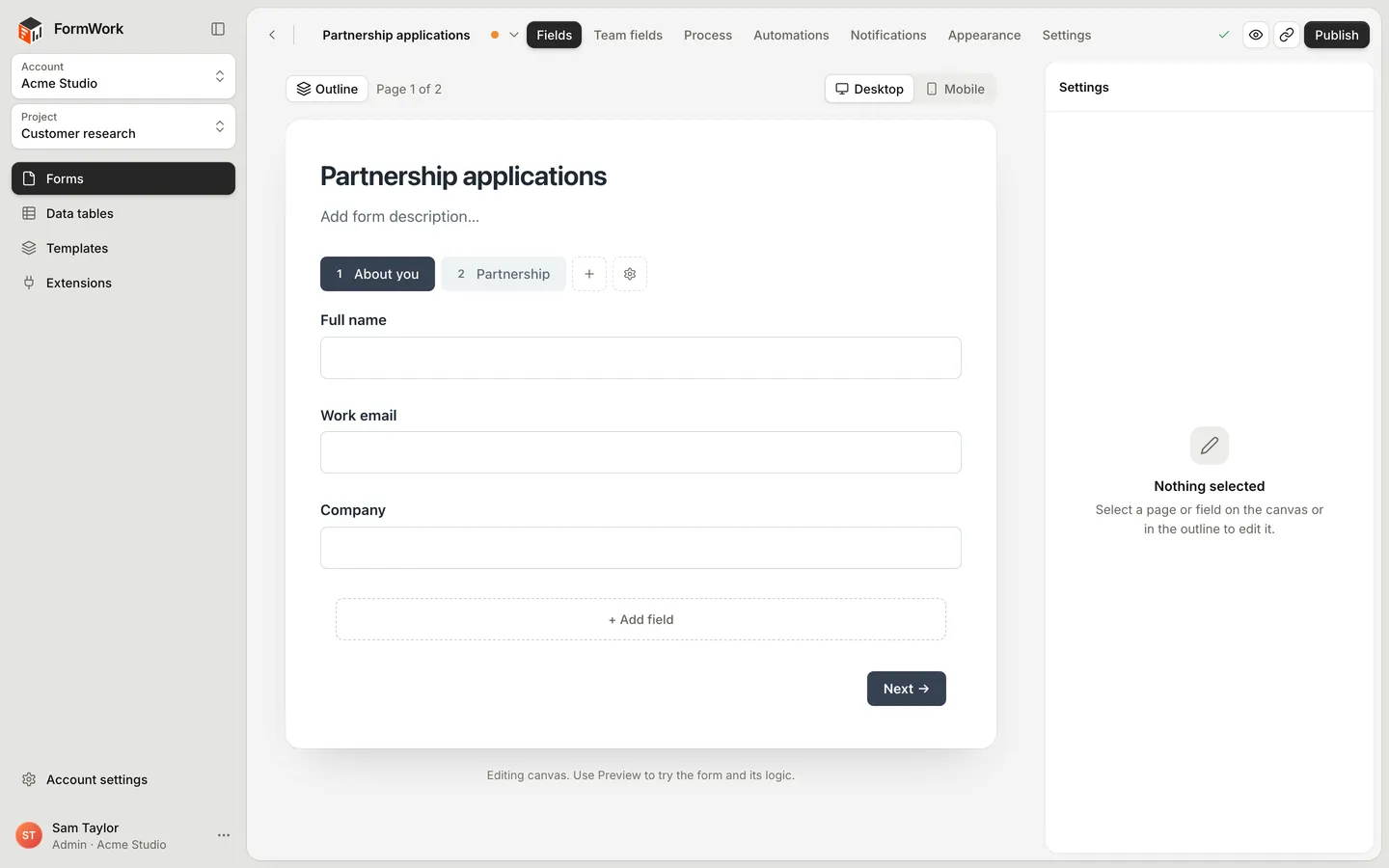 The builder on the Fields tab, with Team fields, Process, Automations, Notifications, Appearance and Settings along the top