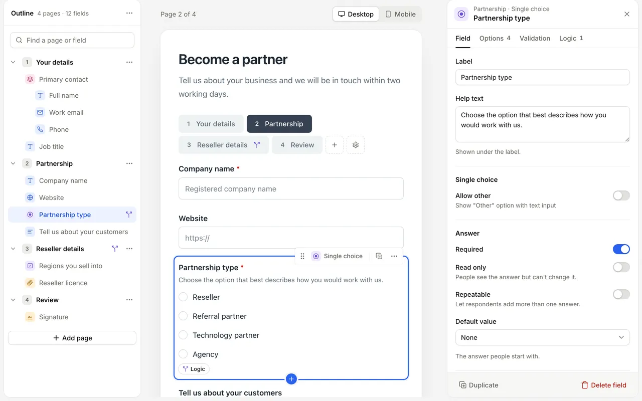 The builder with the outline of pages and fields on the left, the canvas in the middle and the selected field's settings on the right