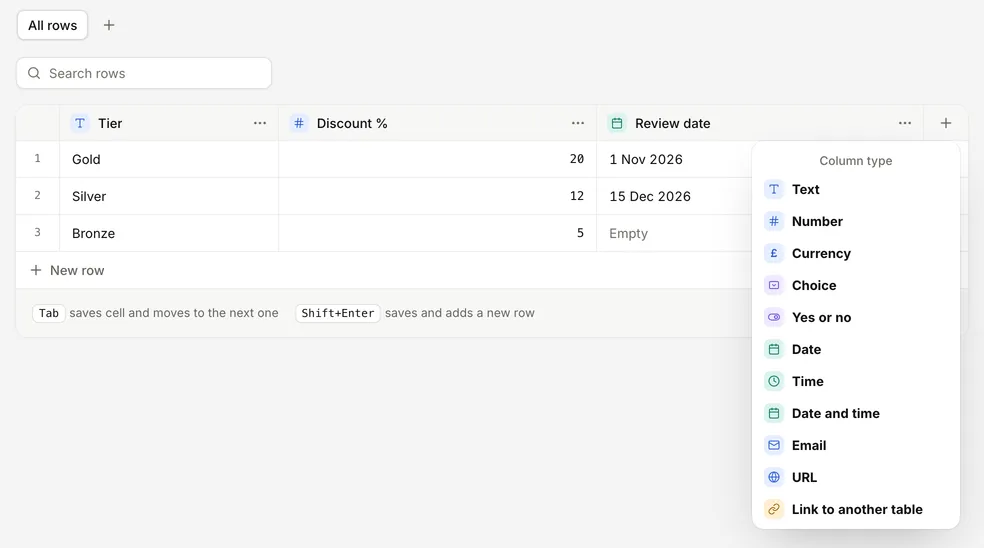 The column type menu: Text, Number, Currency, Choice, Yes or no, Date, Time, Date and time, Email, URL and Link to another table
