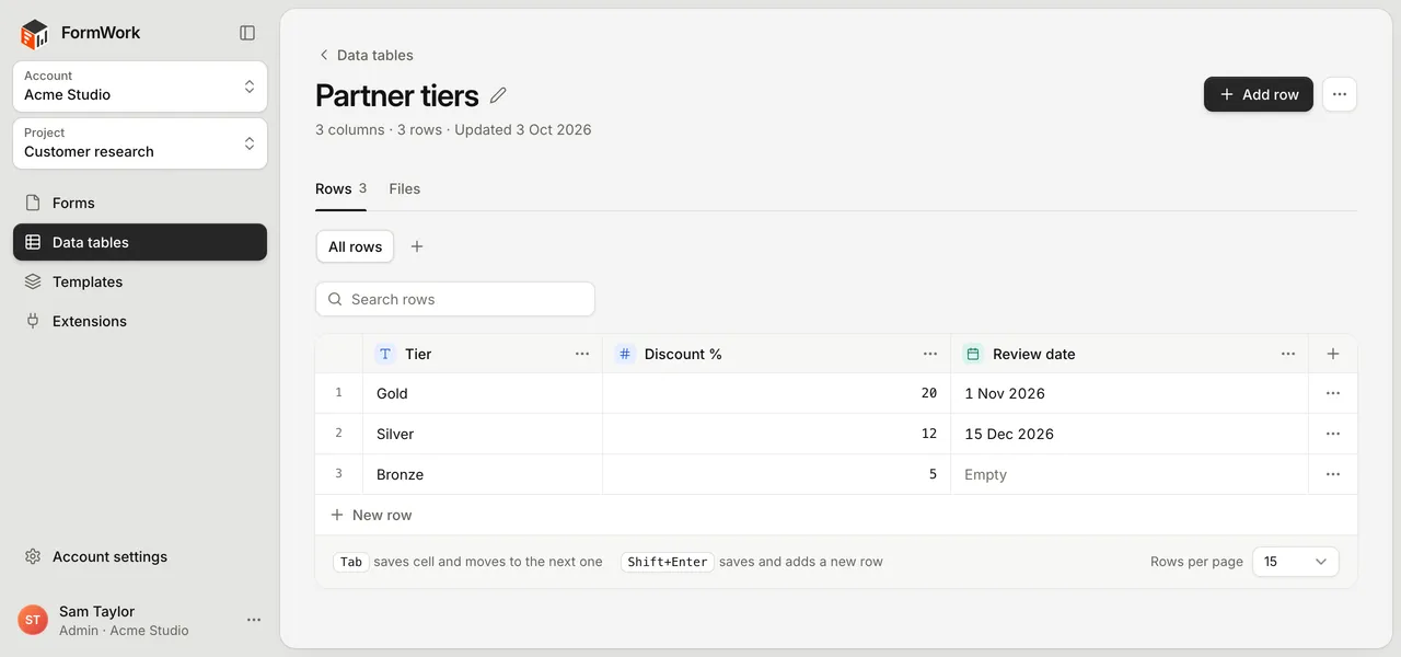 A data table with Tier, Discount % and Review date columns, the All rows view and Search rows