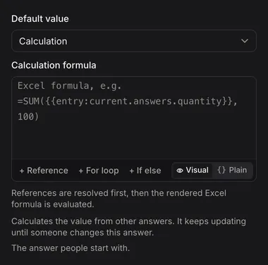 Default value set to Calculation, with the Calculation formula box and the + Reference, + For loop and + If else buttons