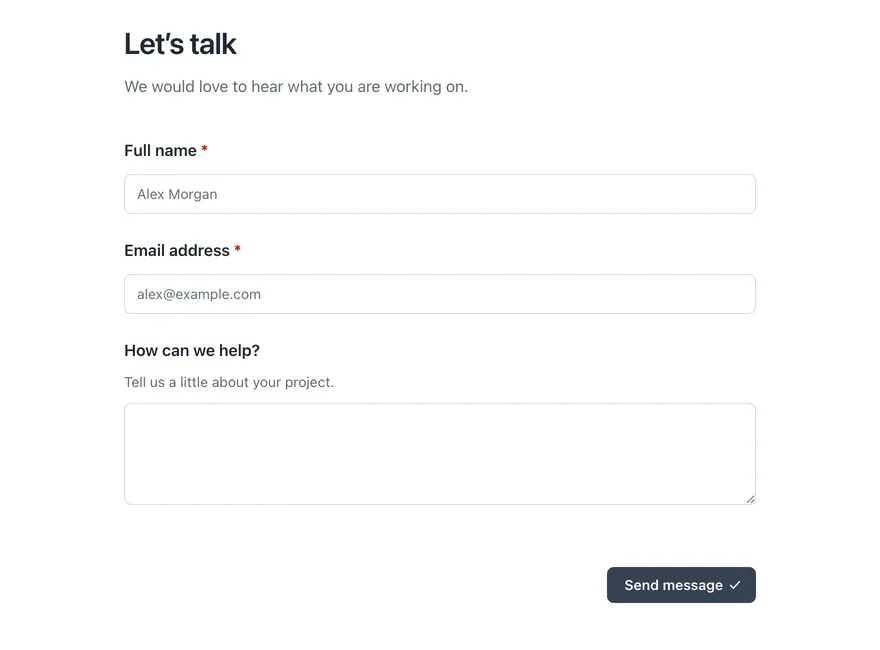 An embedded FormWork form on a web page, with its title, fields and submit button