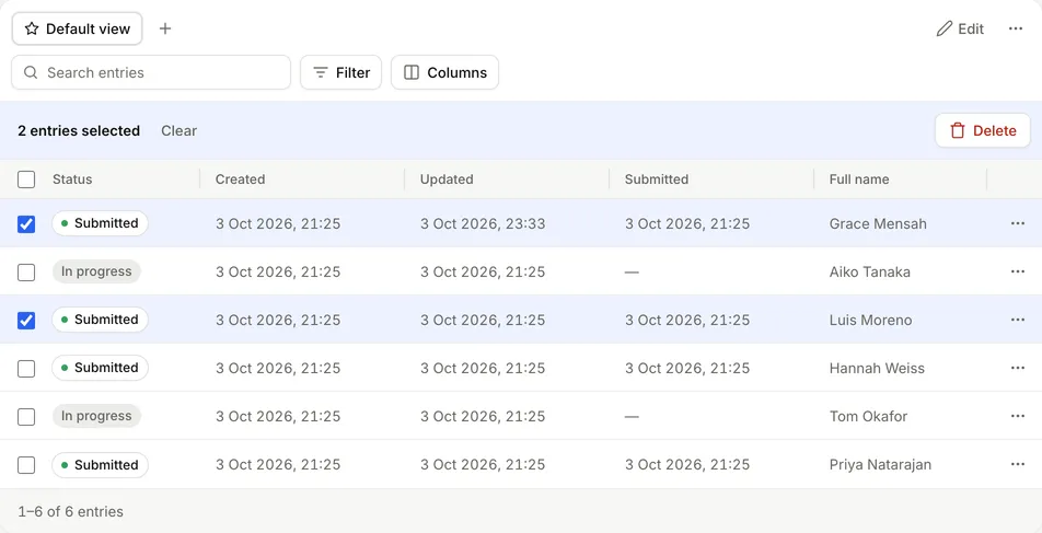 Two entries selected in the entries table, with Clear and Delete in the selection bar