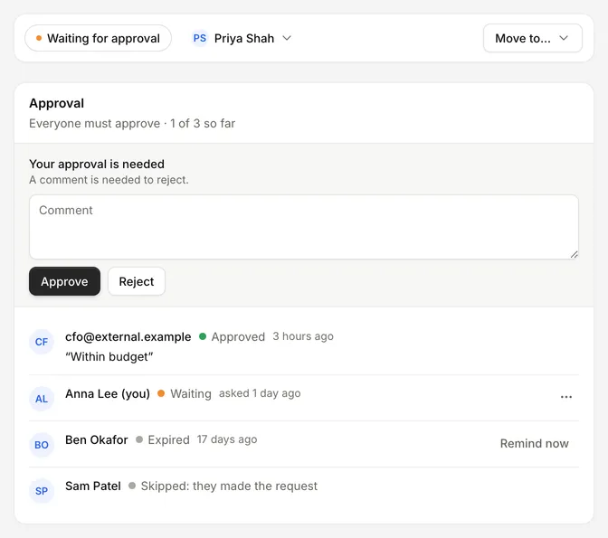 The Approval panel on an entry, with Your approval is needed, a comment box, Approve and Reject, and each approver's status