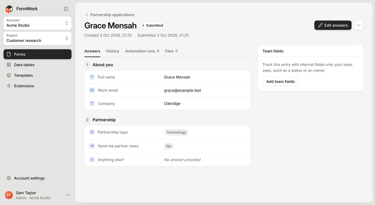 An entry page with the Answers, History, Automation runs and Files tabs and the Team fields panel
