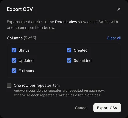 The Export CSV dialog with the view's columns ticked, Clear all and One row per repeater item