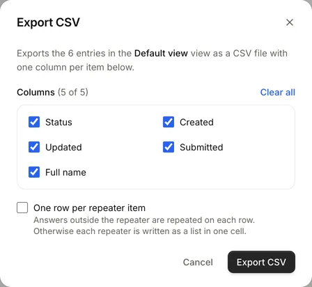 The Export CSV dialog with the view's columns ticked, Clear all and One row per repeater item