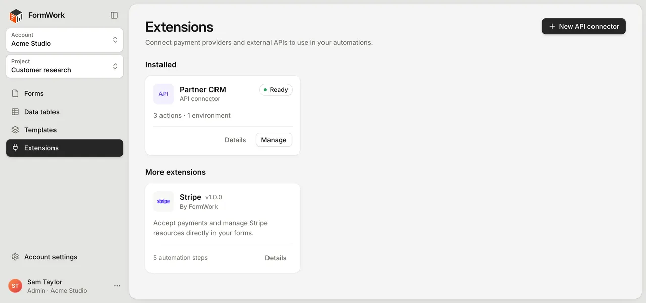 The Extensions page, with a Partner CRM API connector under Installed and Stripe under More extensions