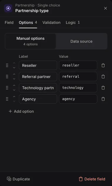The Options tab with Manual options selected, listing each option's label and value