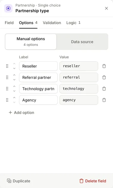 The Options tab with Manual options selected, listing each option's label and value