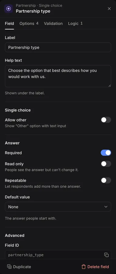 The settings panel for a Single choice field, with the Field, Options, Validation and Logic tabs