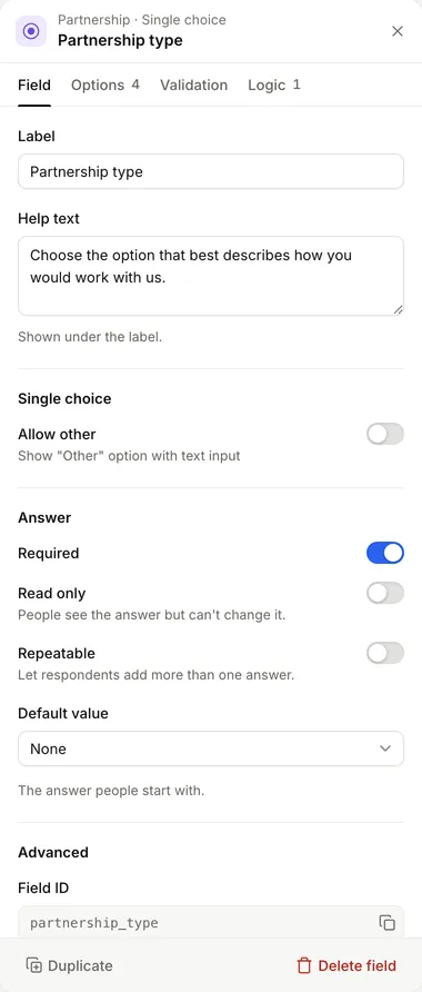 The settings panel for a Single choice field, with the Field, Options, Validation and Logic tabs