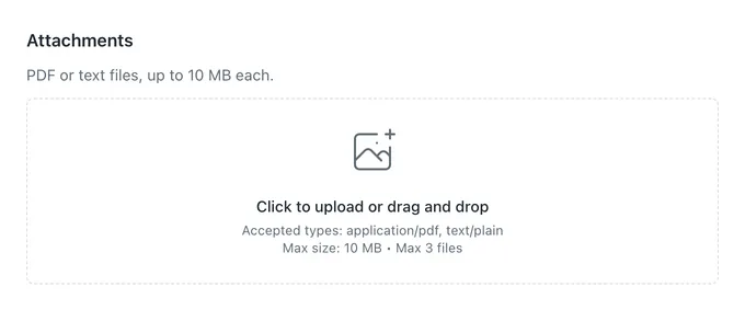 A File upload question as respondents see it, with the drop area and the accepted file types, size and number of files