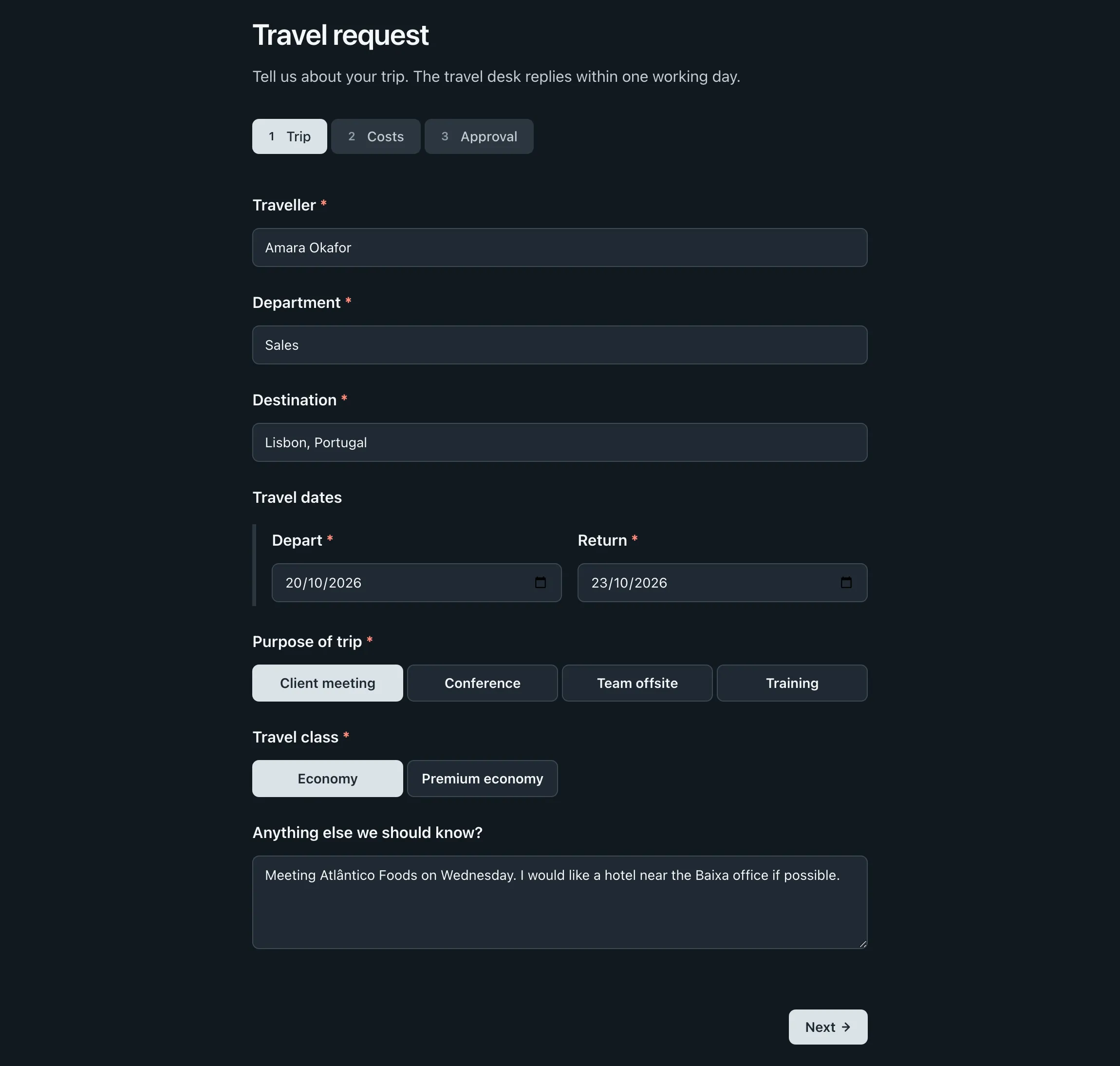 The Travel request form on its Trip page