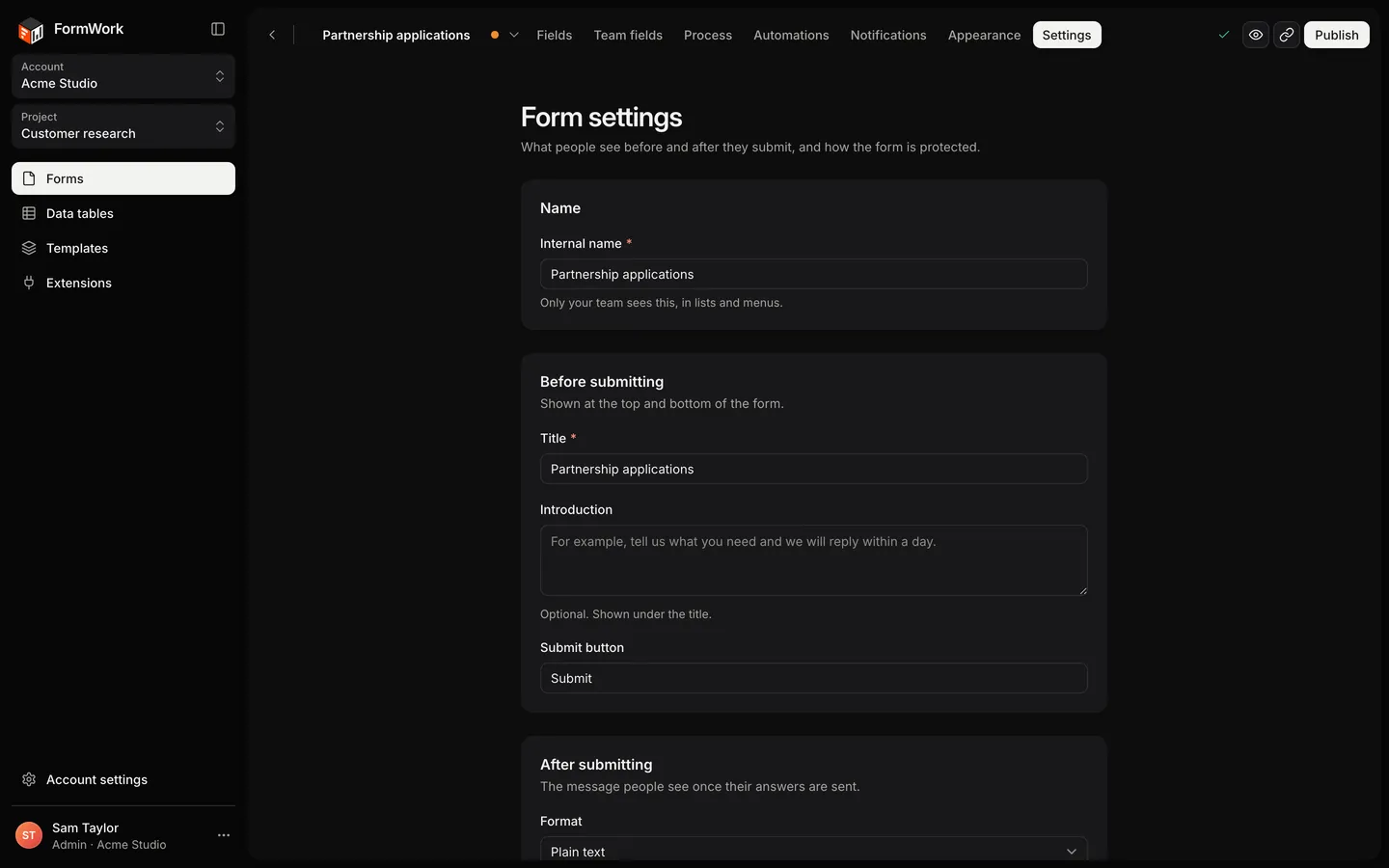 The form's Settings page, with the Name and Before submitting sections