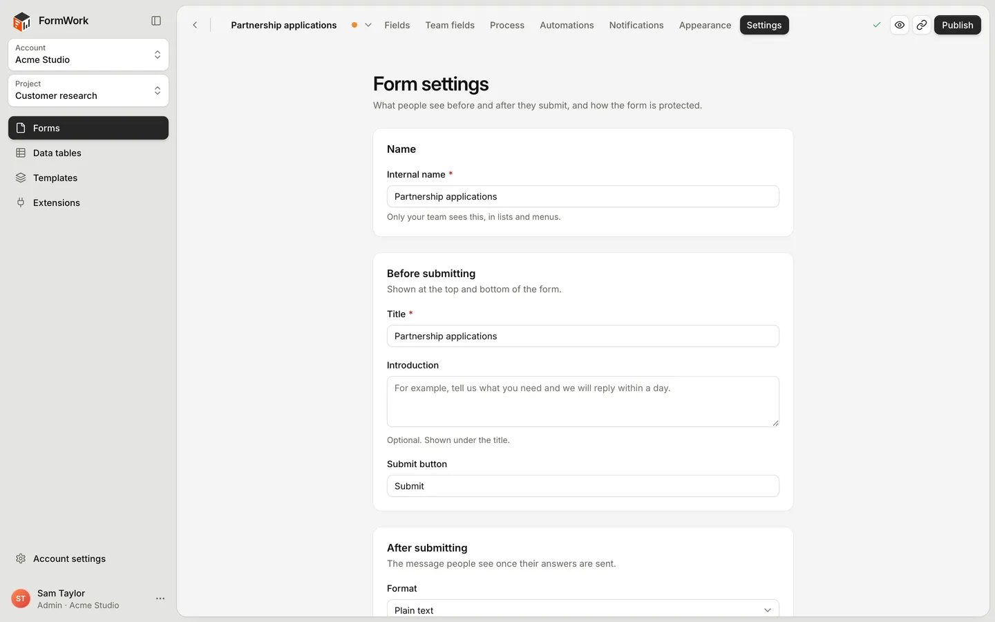 The form's Settings page, with the Name and Before submitting sections