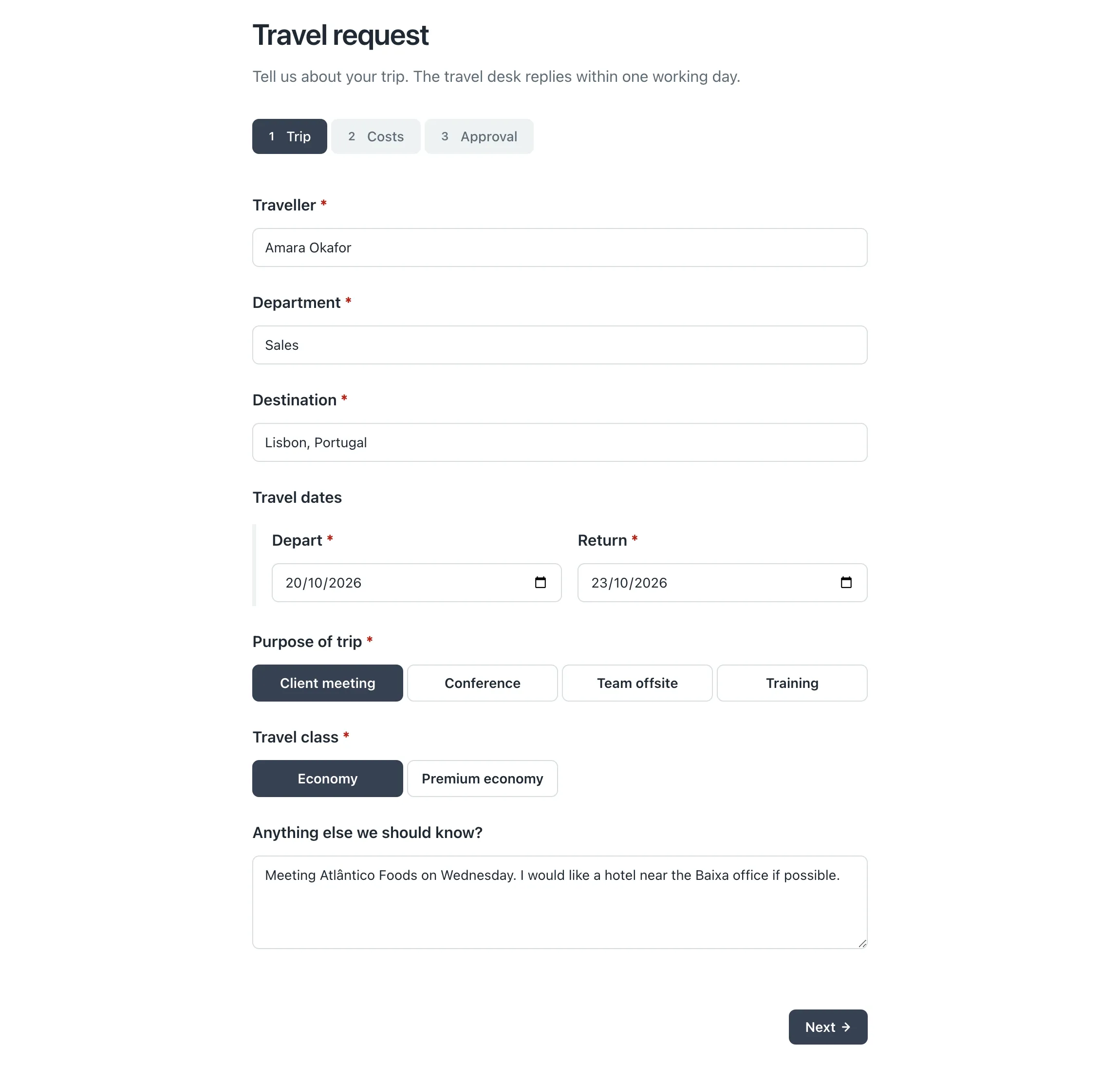 The Travel request form on its Trip page