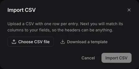 The Import CSV dialog with Choose CSV file and Download a template