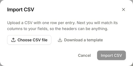 The Import CSV dialog with Choose CSV file and Download a template