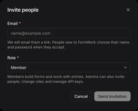 The Invite people dialog, with Email and Role