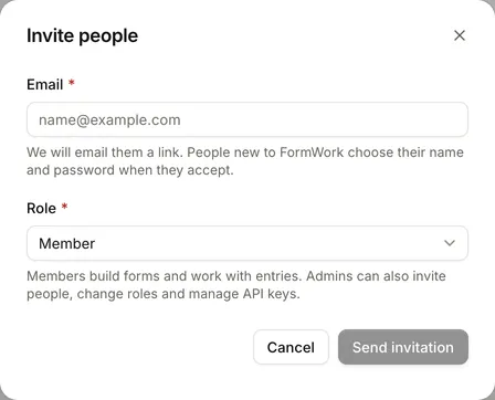 The Invite people dialog, with Email and Role