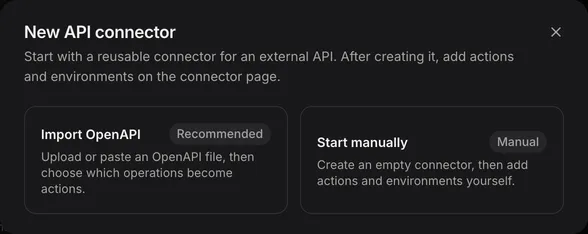The New API connector dialog, with Import OpenAPI and Start manually