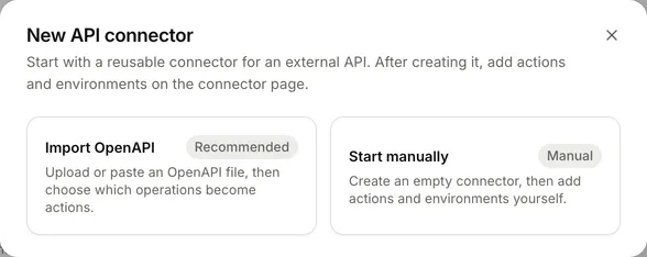 The New API connector dialog, with Import OpenAPI and Start manually