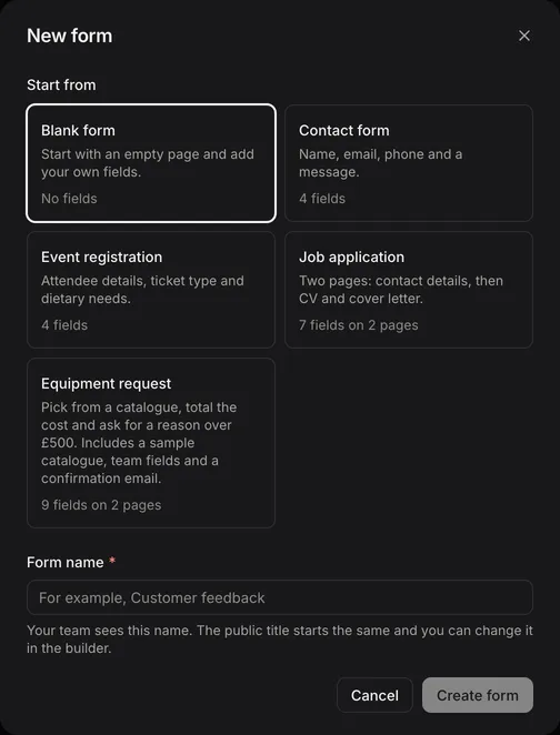 The New form dialog, with Start from options such as Blank form and Contact form, and the Form name box