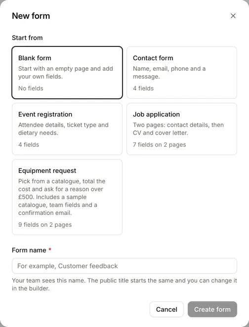 The New form dialog, with Start from options such as Blank form and Contact form, and the Form name box