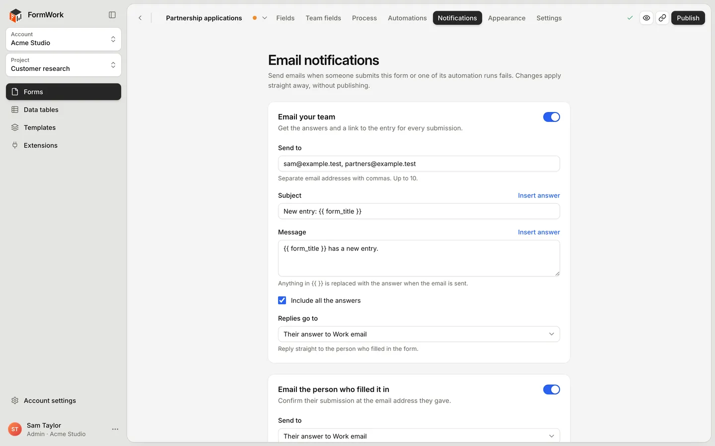 The builder's Notifications tab, with Email your team switched on: Send to, Subject, Message, Include all the answers and Replies go to