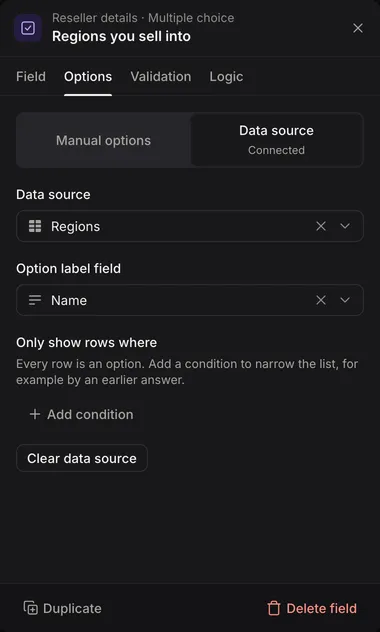 The Options tab of a Multiple choice question with Data source selected: Data source set to Regions, Option label field set to Name, Only show rows where with Add condition, and Clear data source
