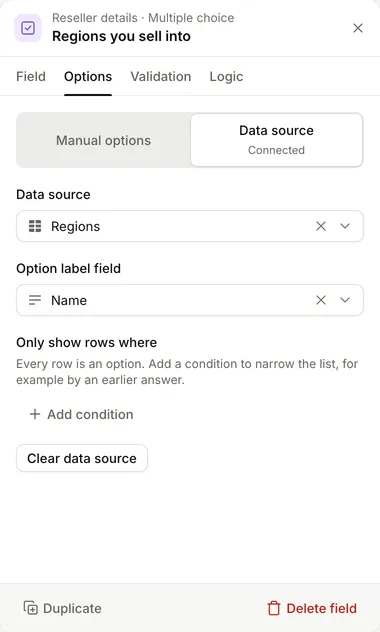 The Options tab of a Multiple choice question with Data source selected: Data source set to Regions, Option label field set to Name, Only show rows where with Add condition, and Clear data source