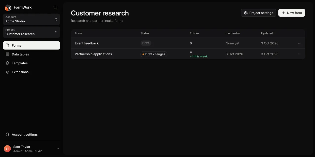 A project's forms list, with Forms, Data tables, Templates and Extensions in the sidebar