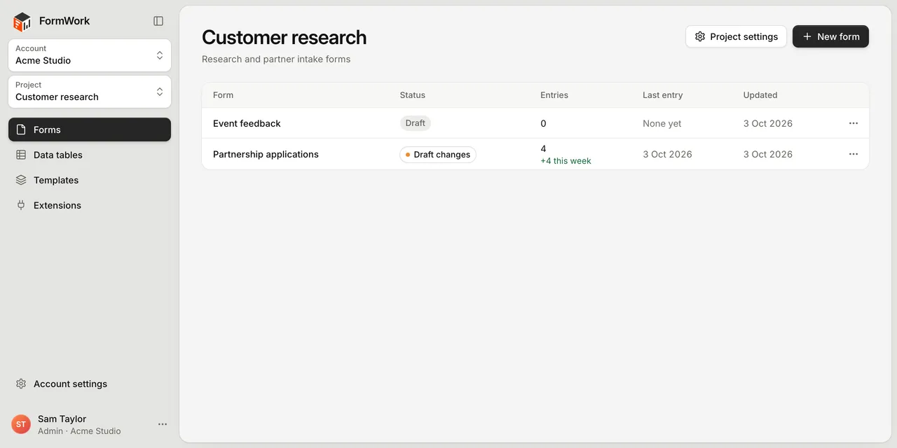 A project's forms list, with Forms, Data tables, Templates and Extensions in the sidebar