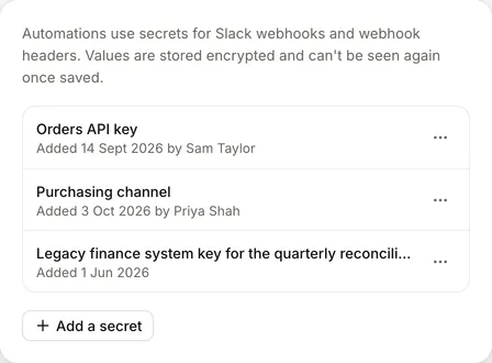 Project secrets, each with when and by whom it was added, and Add a secret