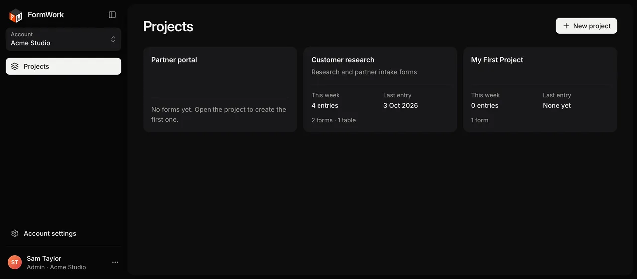 An account's Projects page, with a card for each project