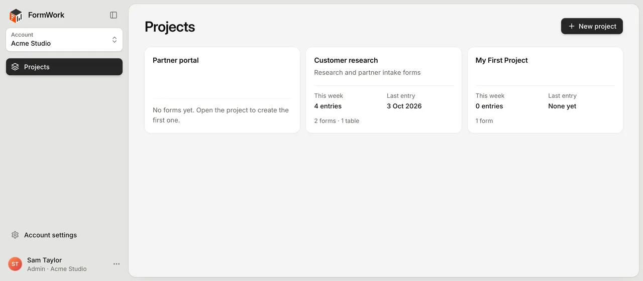 An account's Projects page, with a card for each project