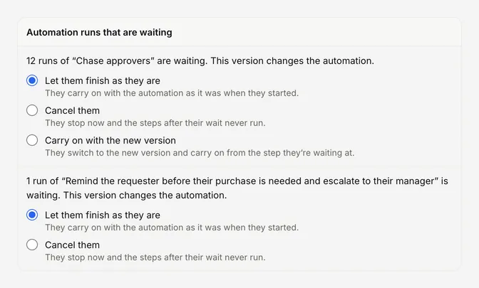 The publish review asking what to do with waiting automation runs: Let them finish as they are, Cancel them or Carry on with the new version