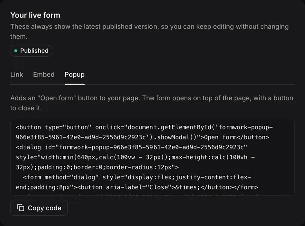 The Your live form card on Share and embed, with the Link, Embed and Popup tabs and the popup code